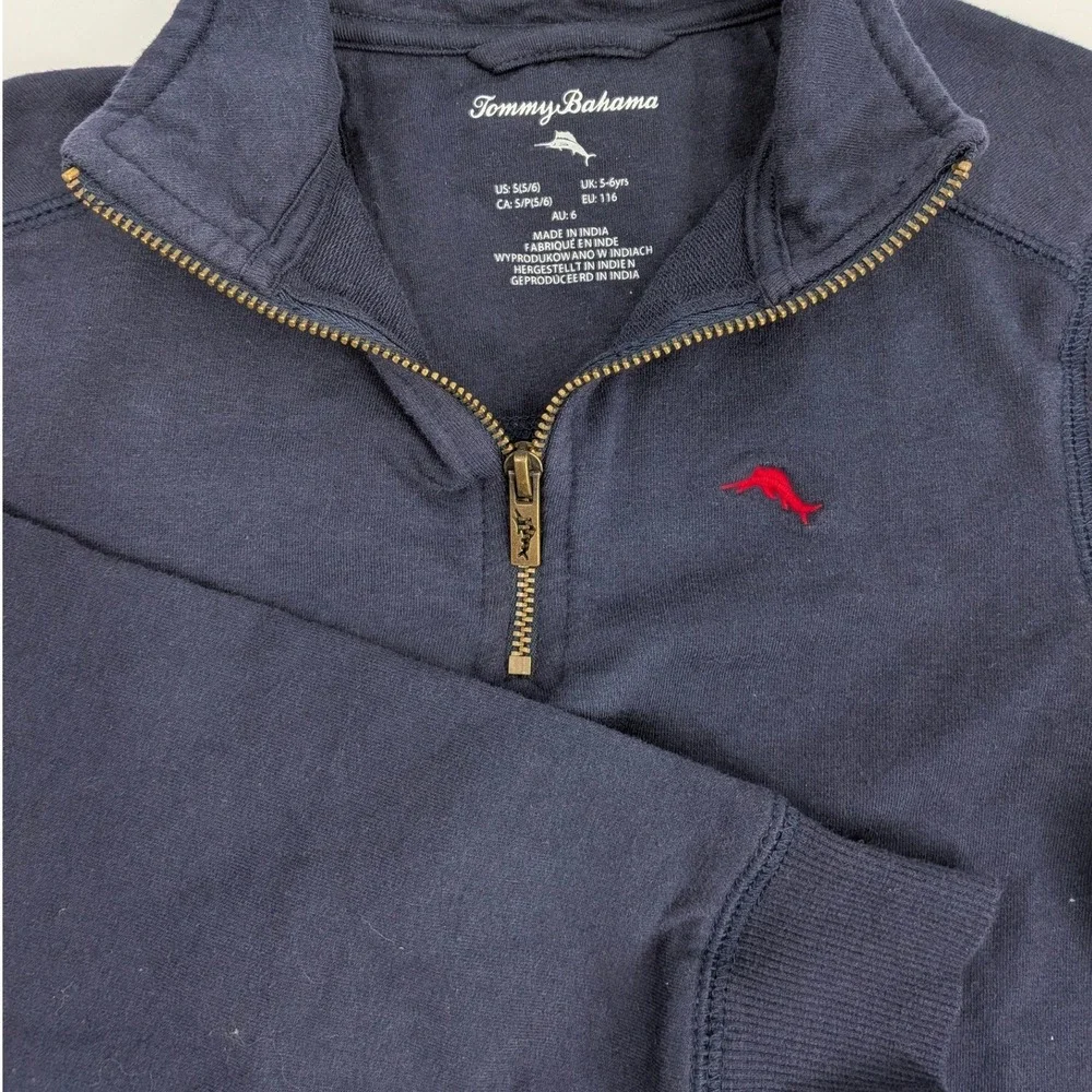Tommy Bahama Boys Navy Blue Quarter Zip Pullover Sweater Marlin Logo Size S 5/6